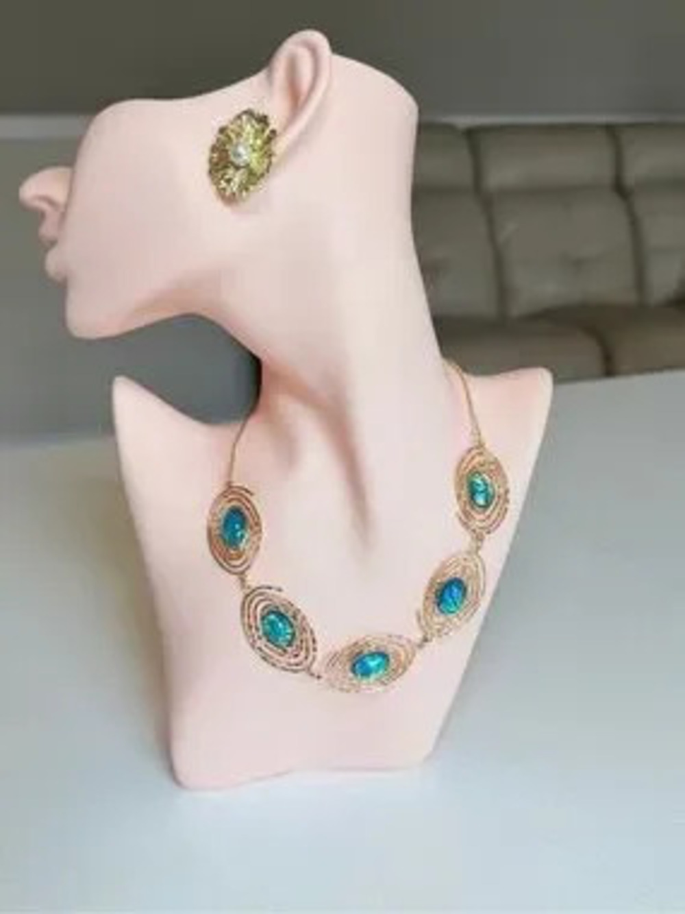Gold-Tone Necklace with Blue Oval Stones - Women's Jewelry